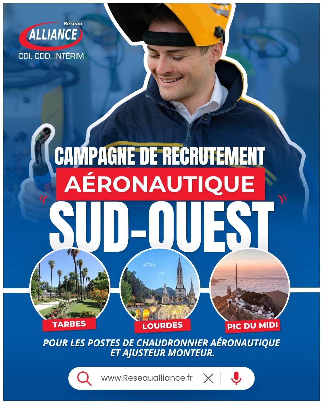 Affiche Réseau Alliance — Campagne de recrutement aéronautique Sud-Ouest